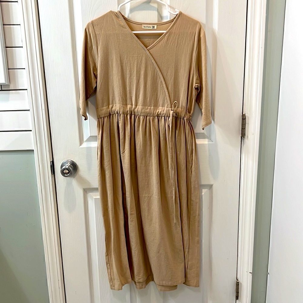 Best Tailor Linen &Cotton blend tan colored midi dress with drawstring waist